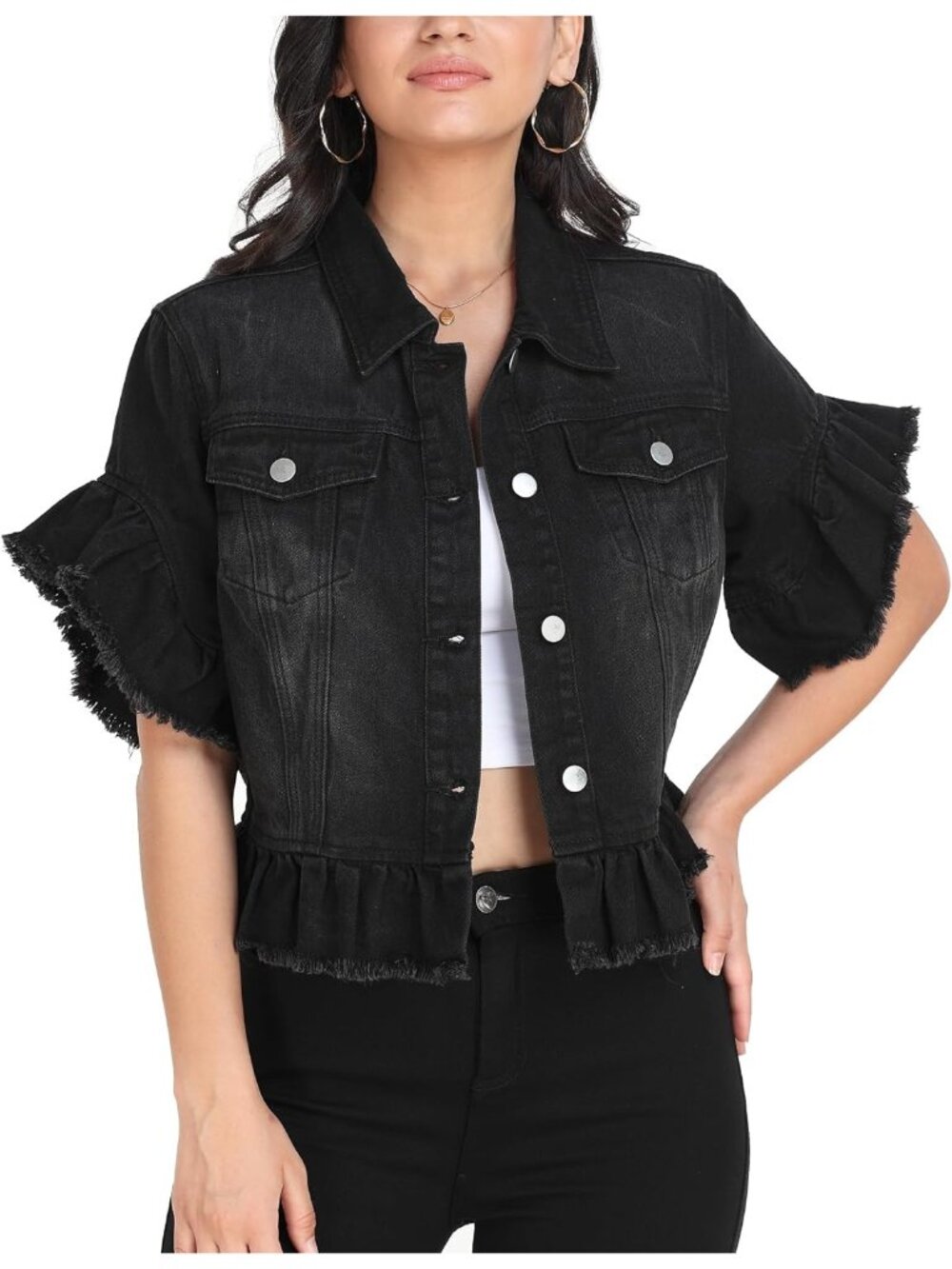 Women's Black Ruffle Sleeve Button Down Distressed Summer Denim Jean Jacket